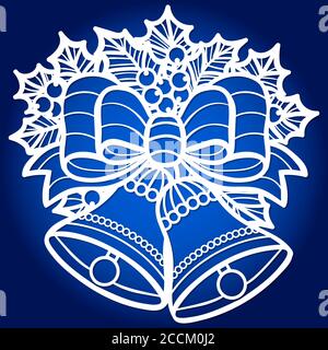 Template for laser cutting. Bells with holly and ribbon. For cutting from various materials. For the design of postcards, Christmas tree decorations, Stock Vector