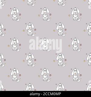 Seamless pattern with a cute animal - a white dog with his tongue hanging out and hearts on a purple background. Vector. For design, packaging and Stock Vector