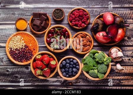 Healthy foods high in antioxidants, top view. Stock Photo