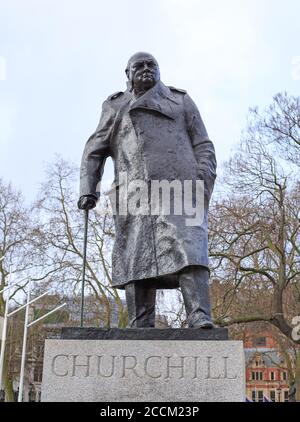 Winston Churchill Bronze Statue Parliament Square, London 2020. The statue  is a bronze sculpture of the former British prime minister Winston Churchi Stock Photo