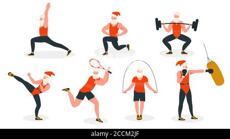 Santa in sport healthy activity vector illustration. Cartoon flat active bearded Santa wearing xmas red hat and athlete sportsman suit doing sport or yoga exercises, Christmas set isolated on white Stock Vector