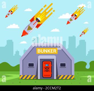 the fall of nuclear bombs on the city. rescue people in bunkers from missiles. flat vector illustration Stock Vector