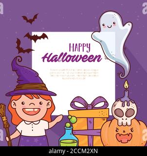 cute girl disguised of witch for happy halloween celebration with icons decoration Stock Vector