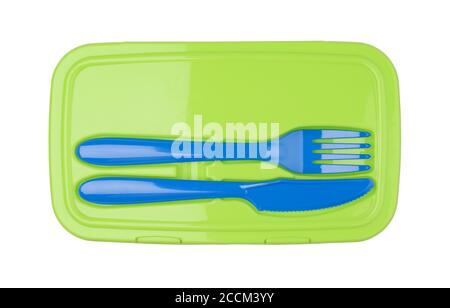Plastic green food container isolated on white. Stock Photo