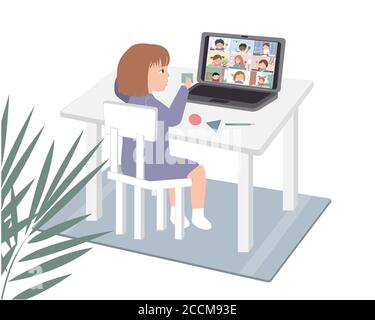 Online Education concept for preschool and kindergartens during coronavirus covid19. Toddler girl learning geometric figures with tutor and other kids Stock Vector