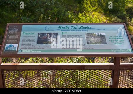 Mesa Falls Scenic Byway, Idaho / USA - July 20, 2014:  A sign showing information about the rocks in the canyon at Mesa Falls located along Mesa Falls Stock Photo