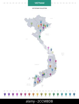 Vietnam map with location pointer marks. Infographic vector template, isolated on white background. Stock Vector
