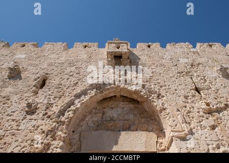 Israel, Jerusalem. Zion Gate, circa 1540, one of eight Gates of the Old City of Jerusalem. AKA the Wounded Gate because of the pockmarks. Stock Photo