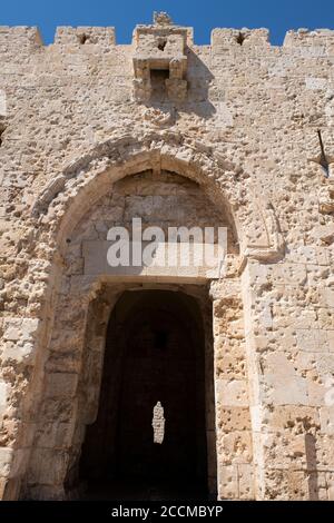 Israel, Jerusalem. Zion Gate, circa 1540, one of eight Gates of the Old City of Jerusalem. AKA the Wounded Gate because of the pockmarks. Stock Photo