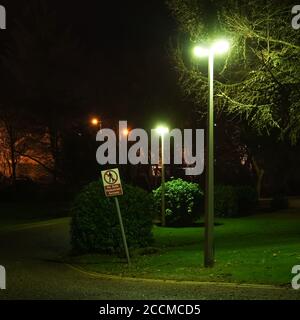 No Safe Pedestrian Access sign under gloomy green glow light street lamp, mercury vapour with dim green off white glow. Scotland, UK, night scene Stock Photo