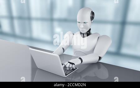 Robot humanoid use laptop and sit at table in future office Stock Photo