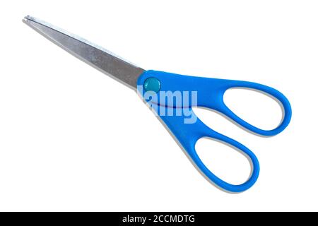 Pair of blue handle scissors isolated on white background Stock Photo