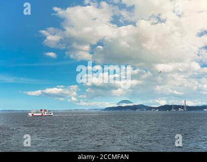 chiba, japan - july 18 2020: Kurihamamaru ferry ship decorated with the mascot of Chiba prefecture Chiba-kun sailing on the Uraga channel with the Miu Stock Photo