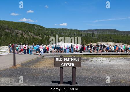 Yellowstone National Park, Wyoming / USA - July 22, 2014:  A large group of tourists stand around and wait for the large geyser of Old Faithful to eru Stock Photo