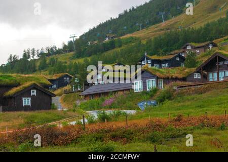 Traditional architecture Myrkdalen-ski  resort in Voss, Western Norway,with family-friendly ski areas, slopes,terrain parks and cross-country tracks Stock Photo