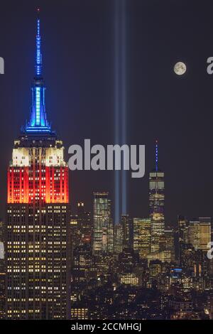New York City 9/11 memorial lights in Lower Manhattan Stock Photo