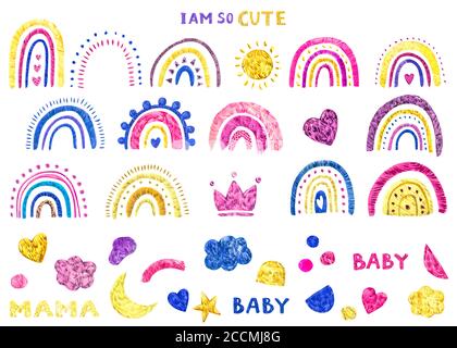 Rainbow clipart. Baby cute rainbow watercolor illustration. Isolated on white background. Cute magical rainbow, scandi nursery, fun pink pretty. Stock Photo