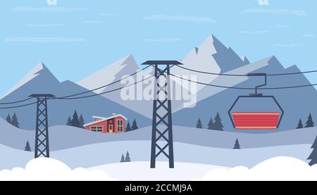 Ski resort. Winter mountain landscape with lodge, ski lift. Winter ...