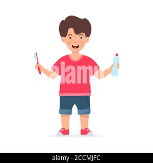 Happy boy kid holding toothbrushe and toothpaste tube. Children dentistry and teeth hygiene. Kids using toothbrush motivational clipart. Flat vector i Stock Vector