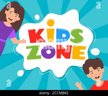 Kids zone emblem or logo for children's playroom. Kids zone hand drown lettering and happy smiling boy and girl. Colorful vector illustration Stock Vector