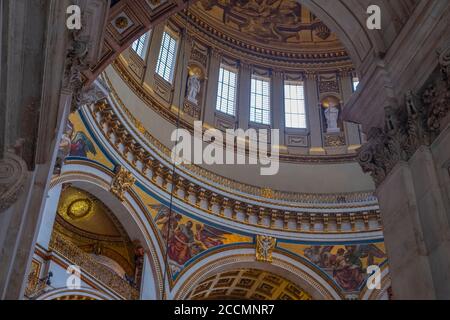 Looking up into the Dome and painted ceilings of St Pauls Cathedral in central London