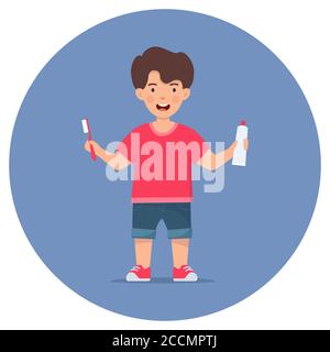 Happy boy kid holding toothbrushe and toothpaste tube. Children dentistry and teeth hygiene. Kids using toothbrush motivational clipart. Flat vector i Stock Vector