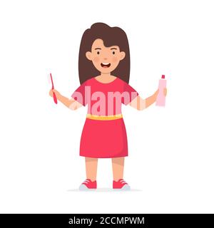 Happy girl kid holding toothbrushe and toothpaste tube. Children dentistry and teeth hygiene. Kids using toothbrush motivational clipart. Flat vector Stock Vector