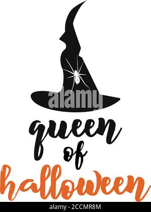 Queen of Halloween emblem logo design. Holiday poster with hat, spider and text - queen of Halloween. Vector holiday badge illustration. Stock Vector