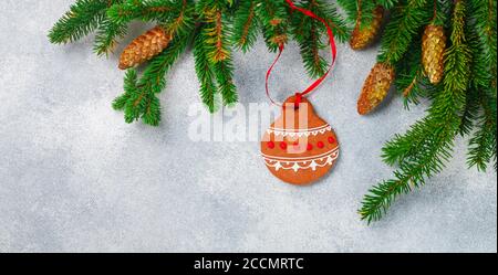Gingerbread. Traditional new Year   treats. The concept of the celebration. Holidays. Cookies in the form of Christmas tree toys balls.  Top view, sel Stock Photo