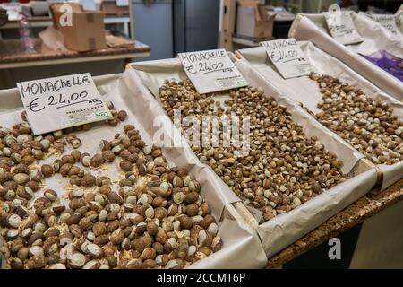 cassettes array with snails sold on fishmarket Stock Photo