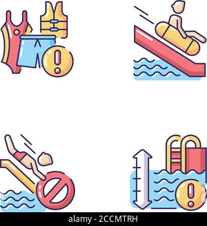 Water park rules and restrictions RGB color icons set Stock Vector