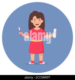 Happy girl kid holding toothbrushe and toothpaste tube. Children dentistry and teeth hygiene. Kids using toothbrush motivational clipart. Flat vector Stock Vector