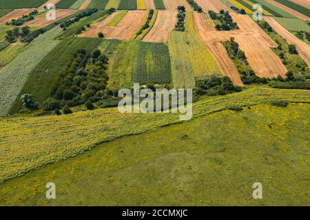 Aerial view of countryside landscape in Banat region, province of Vojvodina in north Serbia from drone pov Stock Photo