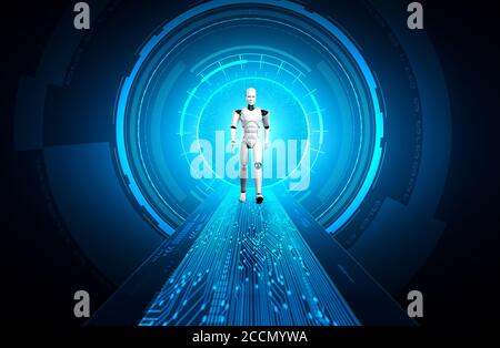 3D rendering robot humanoid in sci fi fantasy world