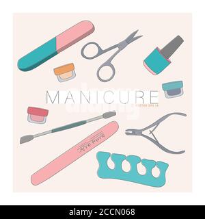 Set of vector tools for manicure. Scissors, file, nail polish, cuticle tweezers. Stock Vector