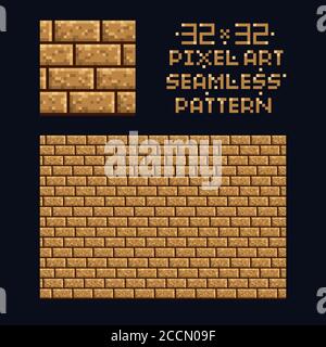 Pixel art vector illustration 32x32 seamless sprite pattern texture - brown brick wall game design repeat tile isolated Stock Vector