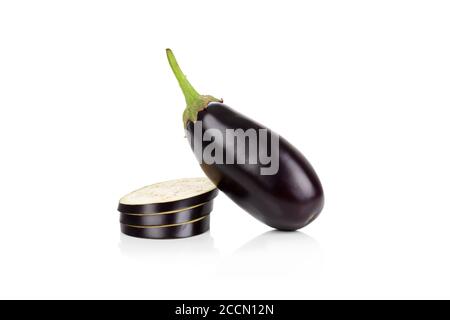 Perfect eggplant aubergine whole and sliced isolated on white background Stock Photo