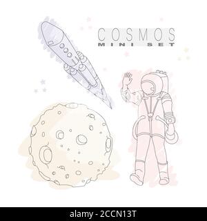 Vector mini set COSMOS, SPACE. Astronaut, rocket and moon. Outline style  Stock Vector