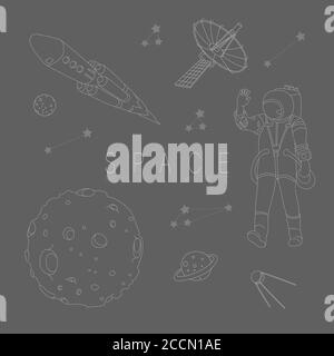 Astronaut, space rocket, planet, satellite, stars. Outline style illustration. Stock Vector