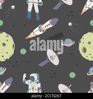 Vector pattern space concept. Astronaut, rocket, moon, planet, stars  Stock Vector