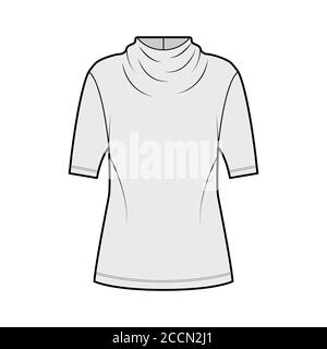 Top technical fashion illustration with elegant draped neckline, short sleeves, oversized, back button-fastening keyhole. Flat blouse apparel template front, grey color. Women men unisex shirt CAD Stock Vector