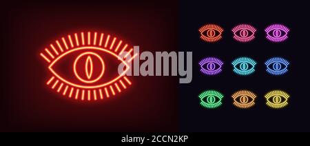 Neon devil eye icon. Glowing neon eye sign with monster iris, evil vision in vivid colors. Mystic beast sight, demon look, hell gaze. Icon set, sign, Stock Vector