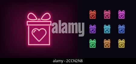 Neon gift box icon. Glowing neon gift sign with heart, present in vivid colors. Referral bonus, birthday present, freebie surprise, top donation. Icon Stock Vector