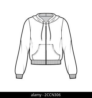 Zip-up cotton-fleece hoodie technical fashion illustration with relaxed fit, long sleeves, ribbed trims, front pocket. Flat jumper apparel template front white color. Women, men, unisex sweatshirt top Stock Vector