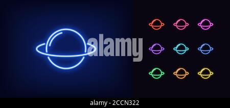 Neon planet icon. Glowing neon planet sign with ring, Saturn in vivid colors. Digital cosmos, cosmic world, astronomy, space exploration. Icon set, si Stock Vector