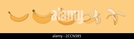 Vector yellow bananas closed and peeled in different angles on yellow background Stock Vector