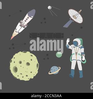 Vector set concept space. Astronaut, space rocket, planet, satellite, stars.  Stock Vector