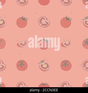 Tomatoes vector seamless pattern. Whole and sectional vegetables. Stock Vector