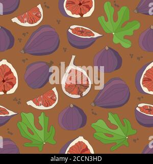 Vector seamless pattern in simple flat style. Figs, whole and in cut, leaves Stock Vector