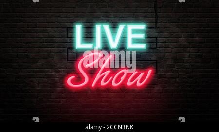 live show sign emblem in neon style on brick wall background Stock Photo